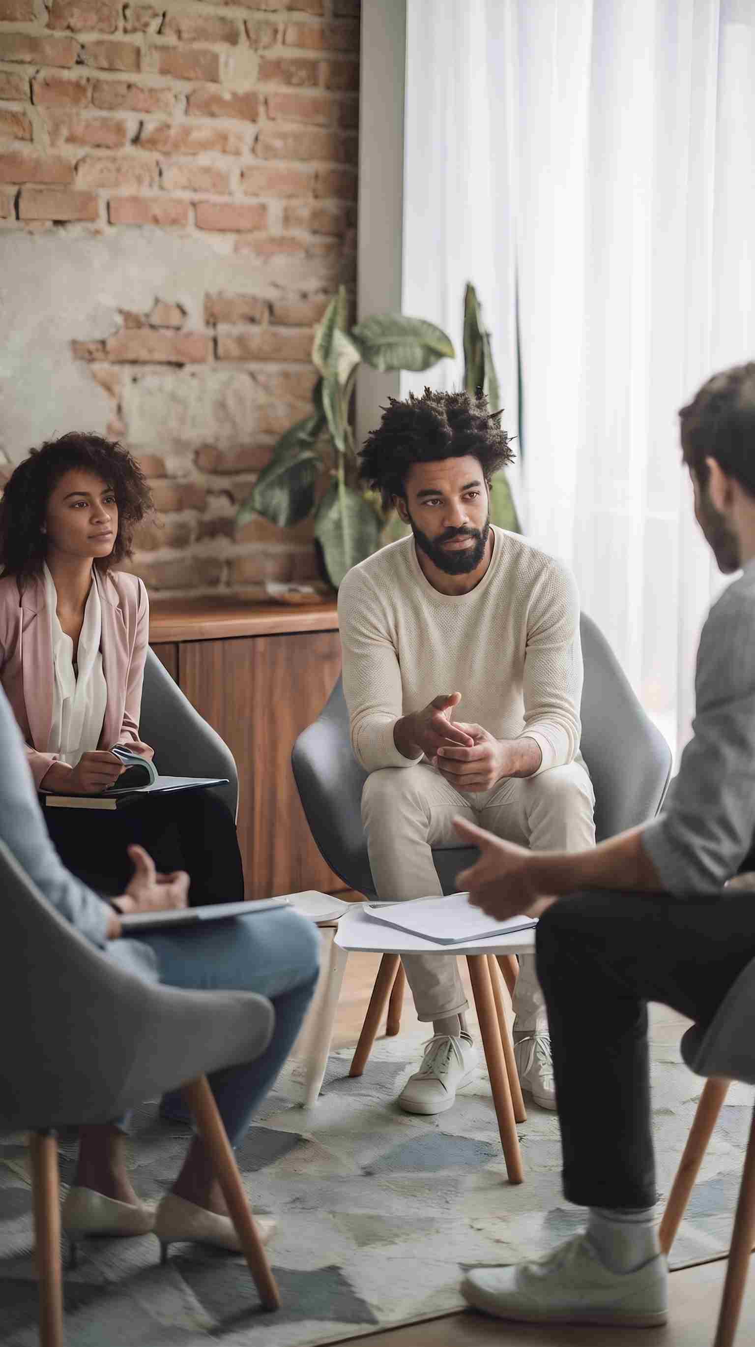 A group therapy session — people sitting together in conversation